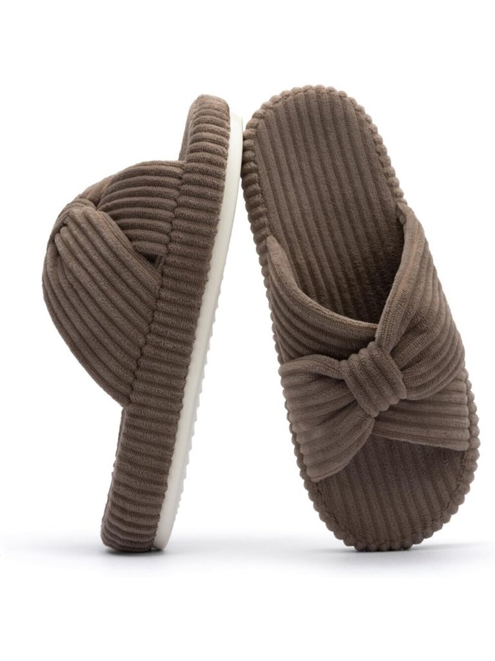 Women's Brown Memory Foam House Corduroy Bow Crossbands Comfy Soft Slipper Shoes